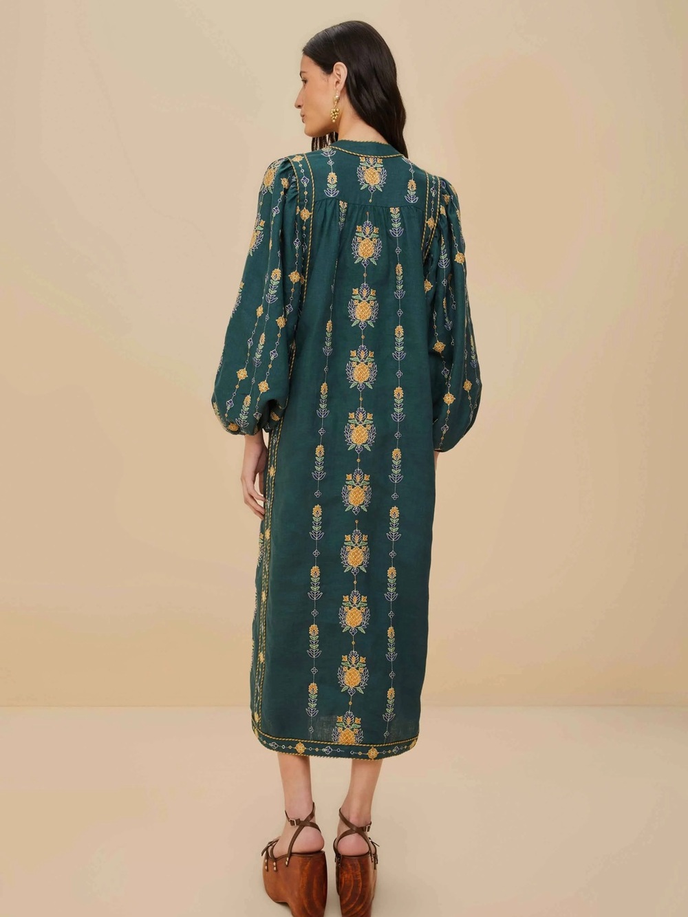 FARM Rio Green Pineapple Embroidered Euroflax™ Premium Linen Tunic Maxi Dress - Picture 3 of 8